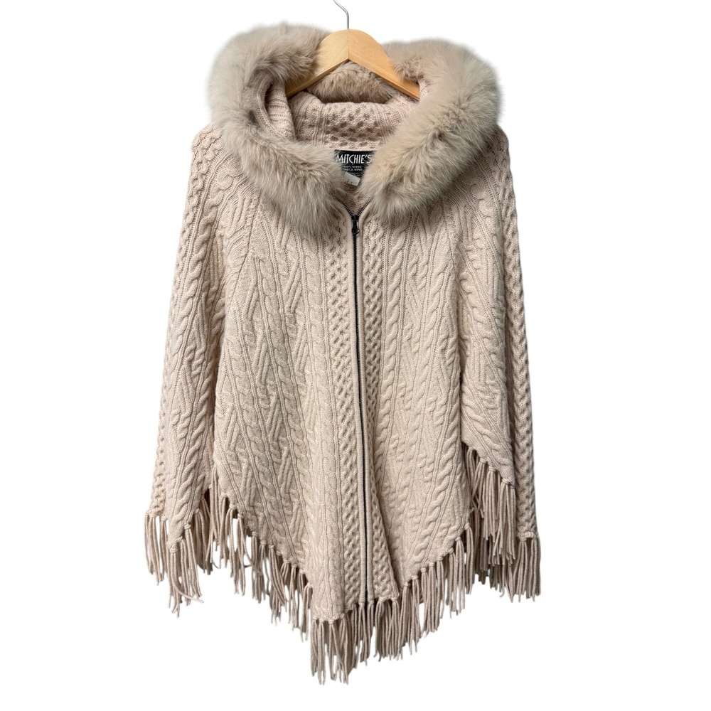 Mitchie's Poncho Women OS Beige Wool Cable Knit Fox Fur Hooded Fringe Zip Up EUC